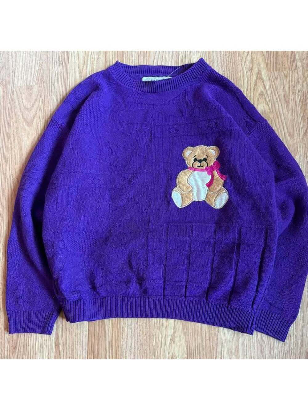 Vintage Kate Collins Purple Knit Sweater Embroidered Teddy Bear Size Small